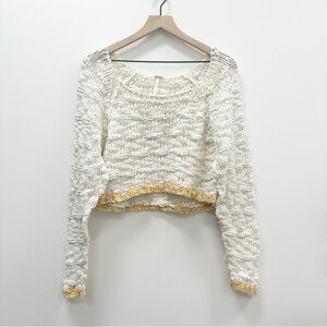 Free People Cream Knit Cropped Sweater with Colorful Trim - Small